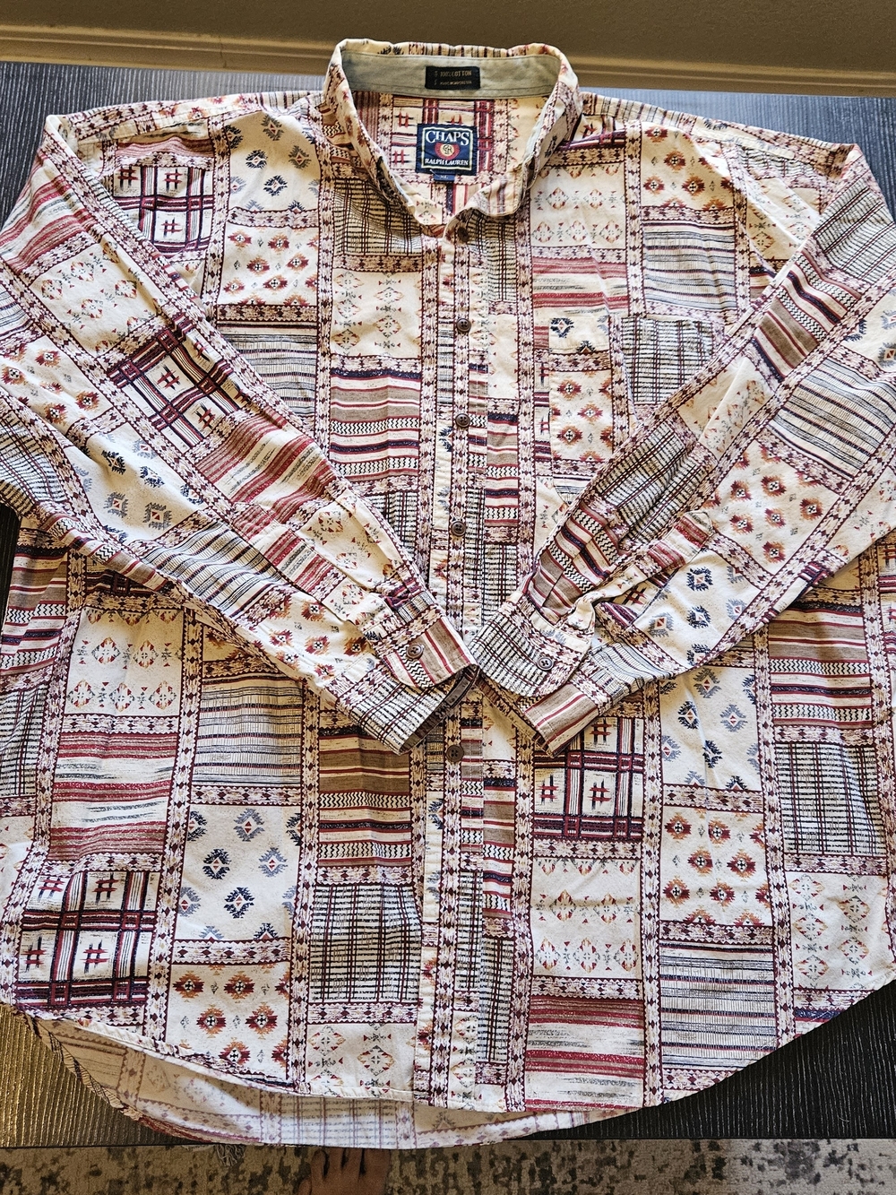 Chaps Ralph Lauren Patchwork Southwest Print Button-Up Shirt - Cream & Burgundy